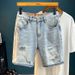 Men's Trendy Ripped Stretchy Slim Fit Jeans Mid Length Shorts Blue Style Straight Leg With Embroidered Patches_mkmklike.com