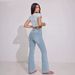 Light Blue Washed Double Button High Waist Flared Jeans for Women Slim Fit Height Enhancing Elastic Flared Pants_mkmklike.com