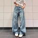 Plus Size Vintage Distressed Jeans For Women – Oversized Wide-Leg Denim Pants With Retro Letter Print (Fall Collection)_mkmklike.com