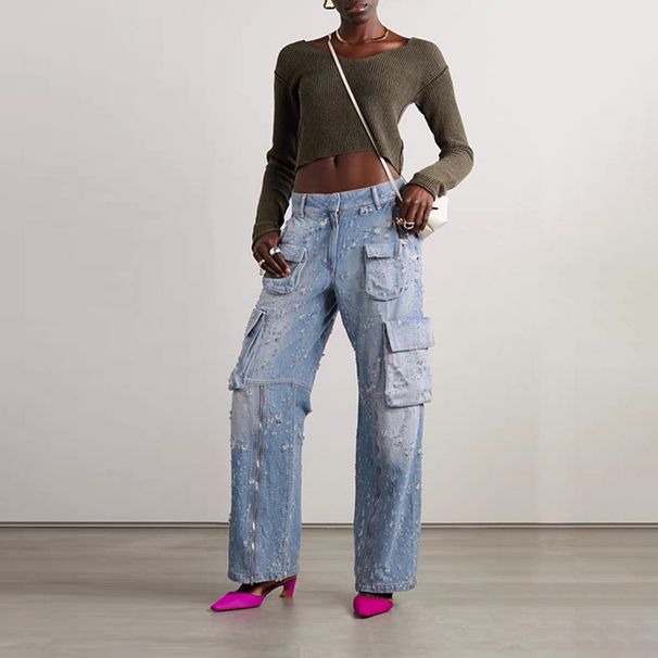 Women's Clothing niche design trousers spring new wide leg loose high waist slim women's denim casual pants_mkmklike.com