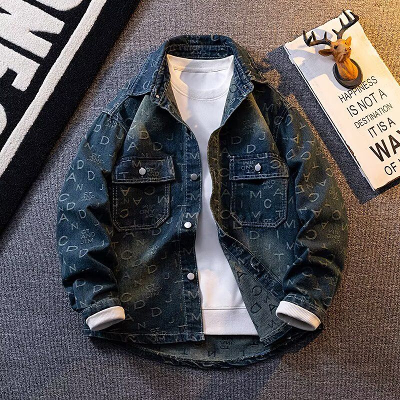 Vintage Distressed Denim Jacket – High Street Oversized Fit With All-Over Letter Print, Unisex Streetwear Essential_mkmklike.com