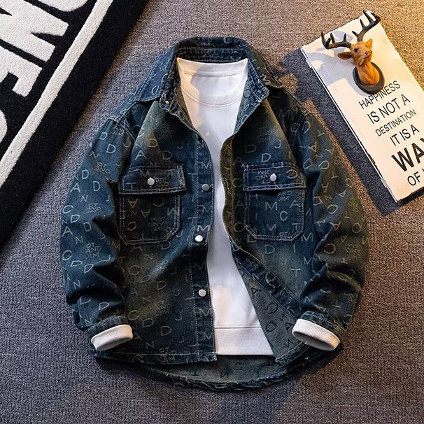 Vintage Distressed Denim Jacket – High Street Oversized Fit With All-Over Letter Print, Unisex Streetwear Essential_mkmklike.com