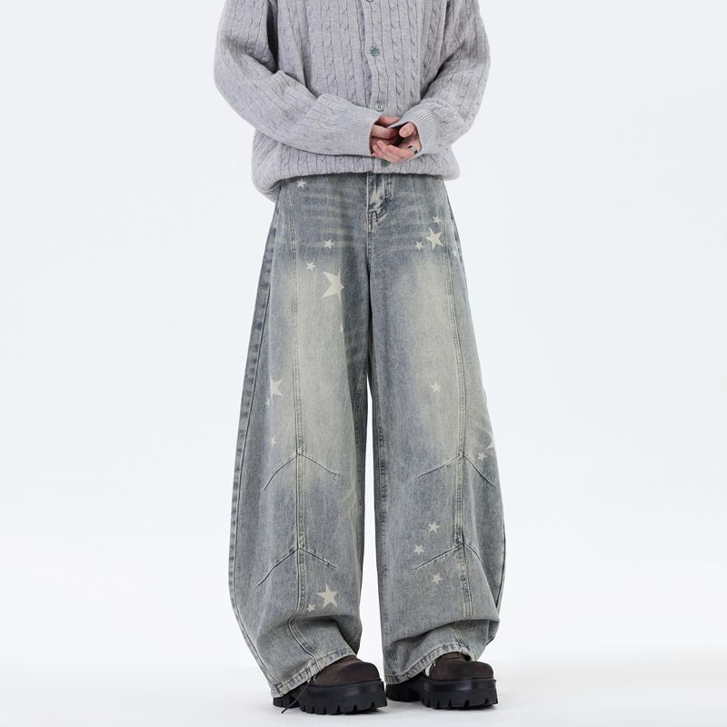 Distressed Star-Print Jeans For Men – Deconstructed Wide-Leg, Asymmetrical "Scimitar" Hem, Streetwear Statement Piece_mkmklike.com