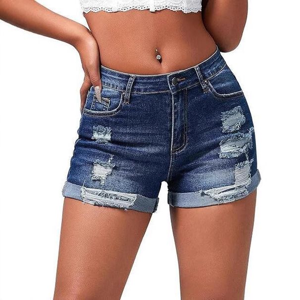 Women's High-Waisted Stretch Ripped Rolled Up Shorts Street Fashion Hot Girl Jeans_mkmklike.com