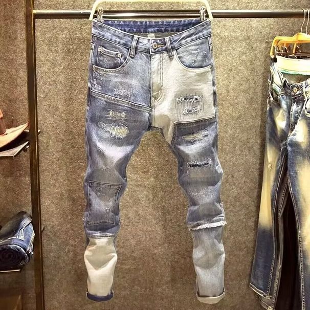 Men's Jeans Fashion Brand Retro Blue Slim Pants Trend Korean Version Of All Worn Patch Pants Men Do Old Pants Uhero_mkmklike.com