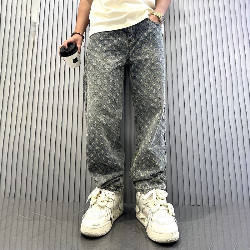 Trendy Jacquard All-Over Print Jeans For Men, Loose Straight Leg Washed Denim Pants, High Street Fashion Wide Leg Trousers_mkmklike.com