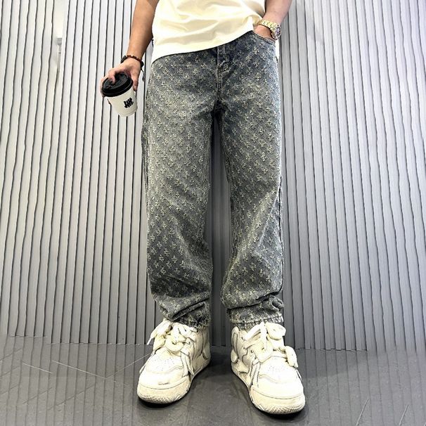 Trendy Jacquard All-Over Print Jeans For Men, Loose Straight Leg Washed Denim Pants, High Street Fashion Wide Leg Trousers_mkmklike.com