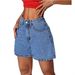 Classic Blue Denim Shorts For Women - Mid-Rise Straight Leg Summer Shorts With Button Detail, Comfort Stretch_mkmklike.com