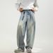 Men's Washed Distressed Denim Jeans Loose Fit Retro Pleated Straight Leg Pants Japanese Style Basic Versatile Spring Style_mkmklike.com