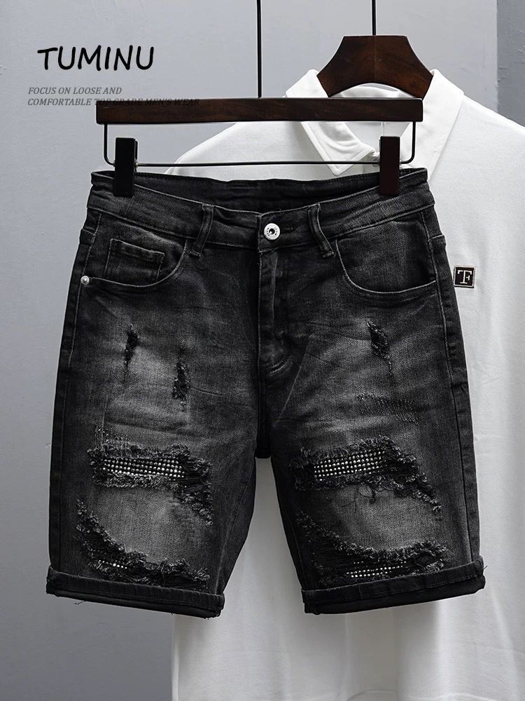 Men's Clothing Trendy Slim Fitting Skinny Pants Ripped Retro Washed All Match Five Point Pants_mkmklike.com