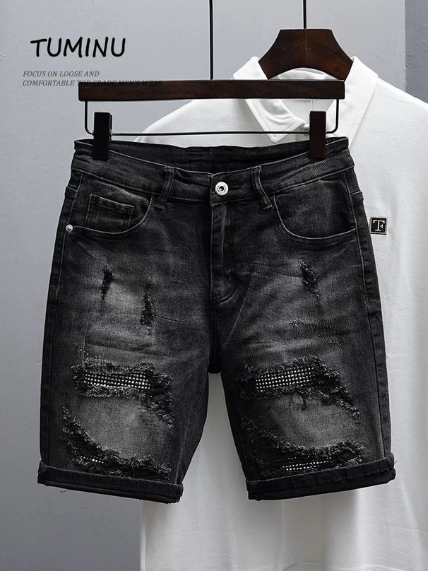 Men's Clothing Trendy Slim Fitting Skinny Pants Ripped Retro Washed All Match Five Point Pants_mkmklike.com