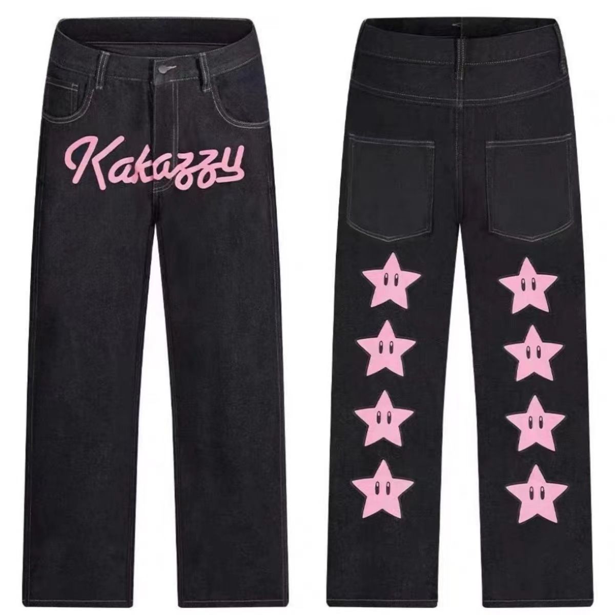 Kakazzy Autumn New Printed Jeans Unisex Korean Style Fashion Trend Hip Hop Straight Trousers Ins_mkmklike.com