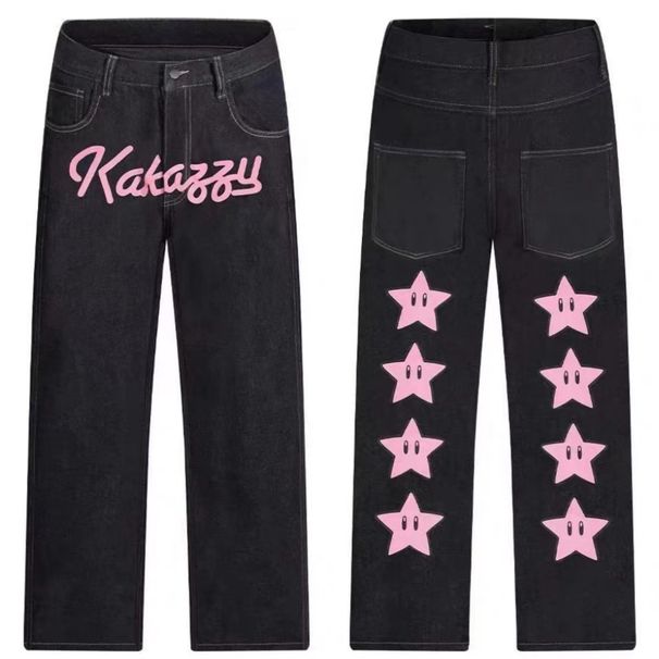 Kakazzy Autumn New Printed Jeans Unisex Korean Style Fashion Trend Hip Hop Straight Trousers Ins_mkmklike.com