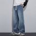 Men's American Heavyweight Washed Denim Jeans High Street Style Summer Straight Leg Slimming Wide Leg Trousers Black Gray Blue_mkmklike.com