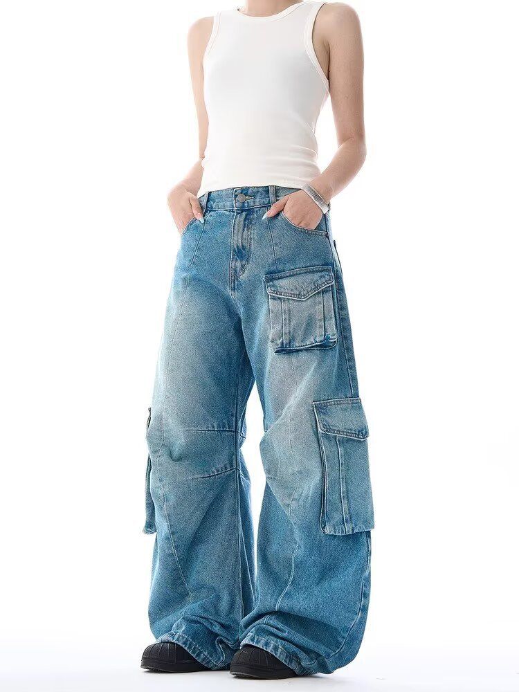 Women's Retro Multi Pocket Design Jeans Loose Fitting Floor Length Pants Curved Silhouette 2026 Summer New Style Direct Sales_mkmklike.com