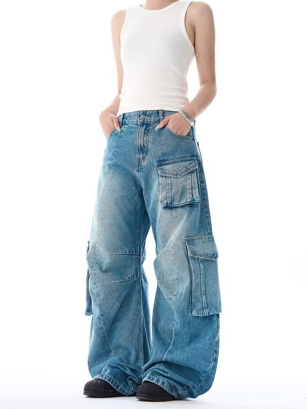 Women's Retro Multi Pocket Design Jeans Loose Fitting Floor Length Pants Curved Silhouette 2026 Summer New Style Direct Sales_mkmklike.com