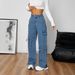 Jeans Women Denim Straight Wide Leg Pants 2025 Streetwear Button Pockets Mid Waist Lace Up Bow Washed Distressed Trousers_mkmklike.com