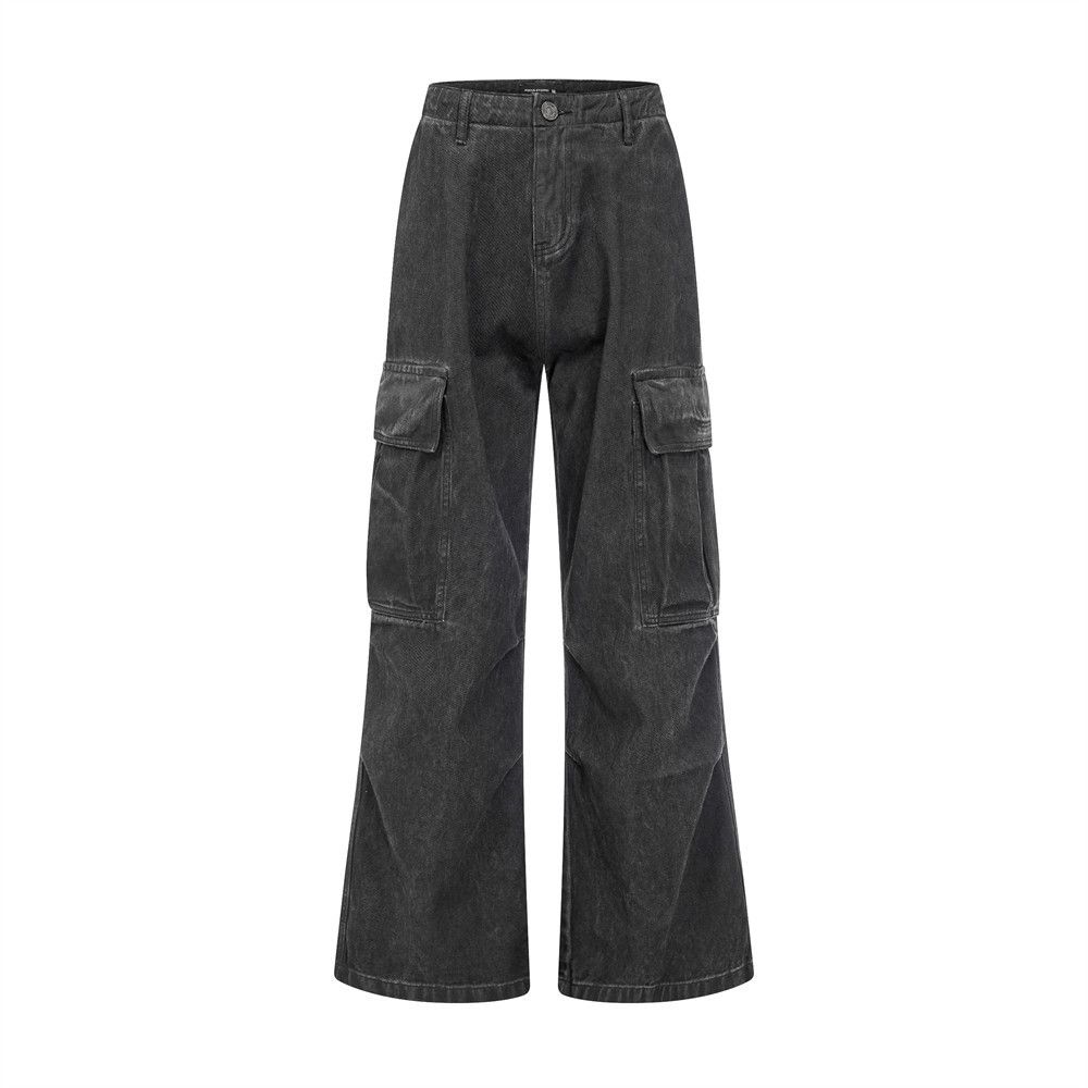 Large Pocket Cargo Flared Jeans Men's High Street Punk Washed Vintage Wrinkled Design Wide Leg Pants_mkmklike.com