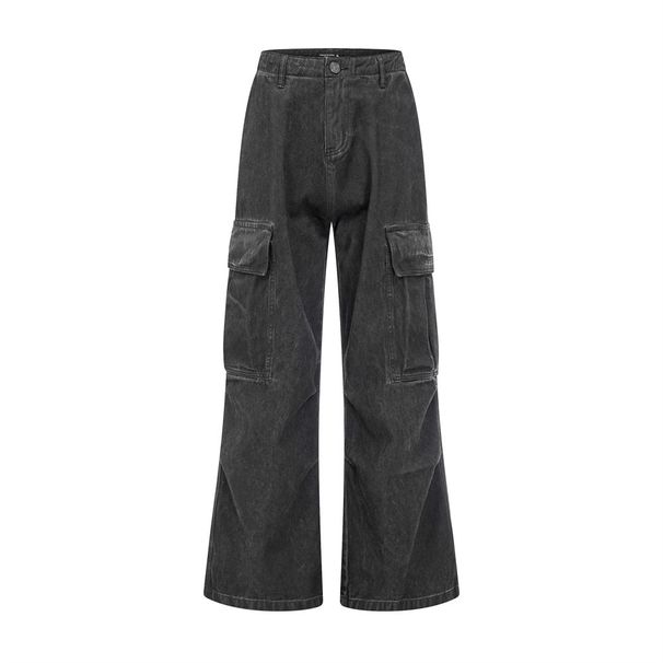 Large Pocket Cargo Flared Jeans Men's High Street Punk Washed Vintage Wrinkled Design Wide Leg Pants_mkmklike.com