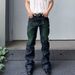 Unisex Y2K Stacked Flared Jeans, Raw Black With Neon Green Wing Embroidery, Breathable For Summer_mkmklike.com