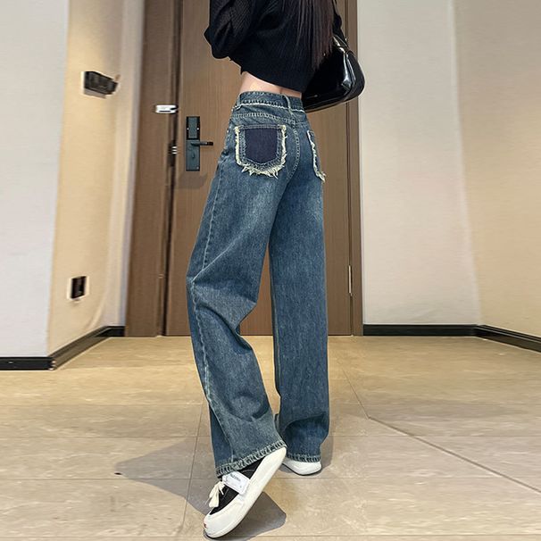 Women's Clothing High-Waisted Wide Leg Jeans Color-Block Pockets Loose Fitting Straight Leg Frayed Edges Petite Floor-Length Design_mkmklike.com