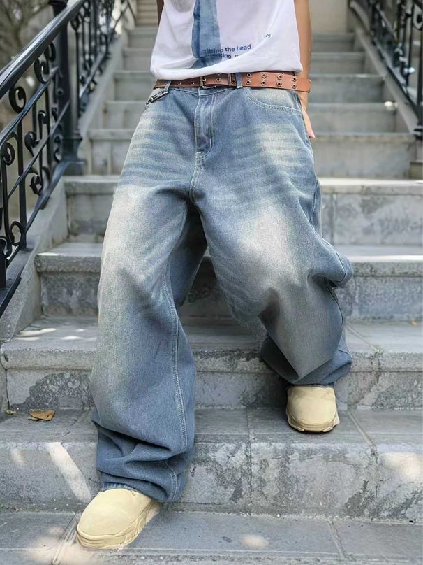 2025 Spring And Autumn New Street Style Trendy Brand Washed Design Jeans Loose Floor-Length Wide-Leg Pants_mkmklike.com