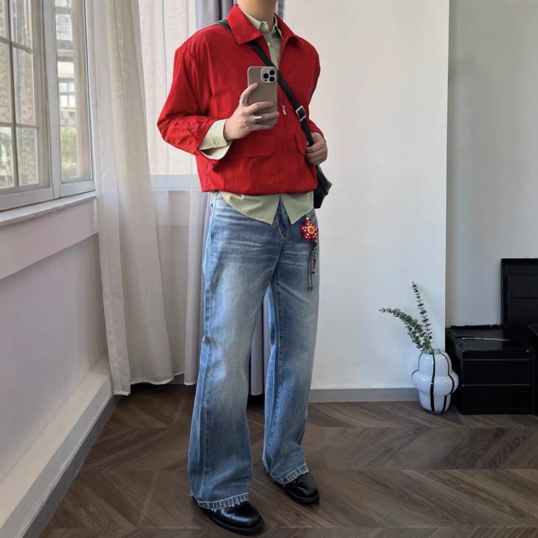 Men's Clothing Straight Leg Loose Wash Stitched Jeans Classic Straight Leg Washed Denim Jeans - Light Blue Vintage Distressed Casual Comfort Fit_mkmklike.com
