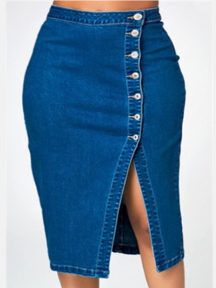Sexy Button Down Split Denim Midi Skirt For Women, High Waist Bodycon Pencil Jean Skirt, Casual Streetwear Blue Denim Skirt For Party Daily_mkmklike.com