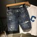 Men's Clothing Distressed Denim Shorts - Korean Style Oversized Straight Cut With Embroidery & Ripped Details, Comfortable Summer Casual Shorts_mkmklike.com