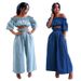 Women's Clothing One Shoulder Navel Baring Top Short Sleeved Wide Leg Solid Color Denim Suit For Women_mkmklike.com