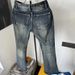 Men's Washed Distressed Bamboo Striped Slimming Flared Jeans mid Waist Straight Pants American High Street Cleanfit Trousers_mkmklike.com