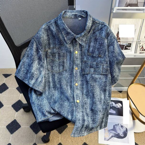 Vintage Blue Denim Shirt Jacket – Summer Lightweight Distressed Tie-Dye Design With Shoulder Pads & Short Sleeve T-Shirt Style_mkmklike.com