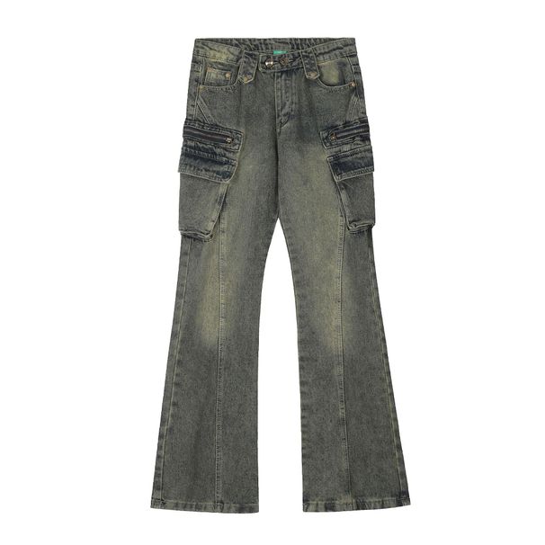 Men's Clothing High Street Distressed Jeans For Men And Women Retro Zipper Multi Pocket Design Straight Leg Flared Couple Floor Length Trousers_mkmklike.com