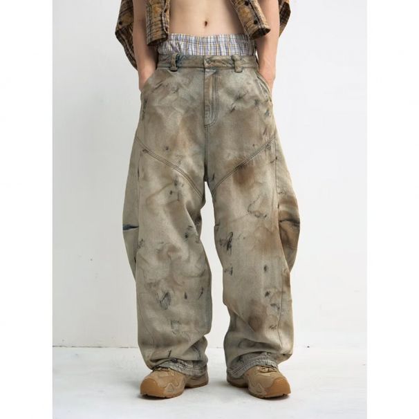 Men's Clothing High Street Retro Washed Tie Dyed Distressed Jeans For Men And Women Autumn High Waist Straight Wide Leg Mopping Trousers_mkmklike.com