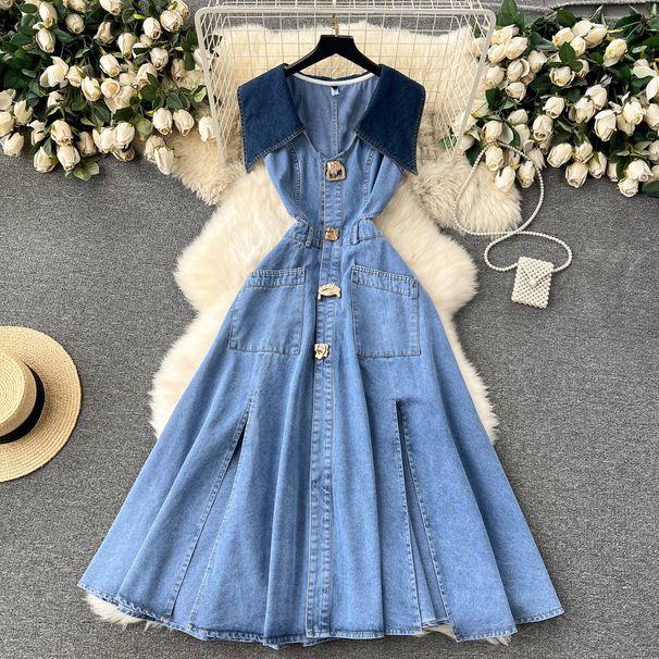 Women's Clothing Sleeveless Sundress Woman Scheming Cutout Waist Slim Long Retro Denim Dress Woman_mkmklike.com