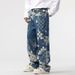 Men's Clothing Printed Jeans Autumn Checkerboard Loose Wide Leg Straight Casual Trousers_mkmklike.com