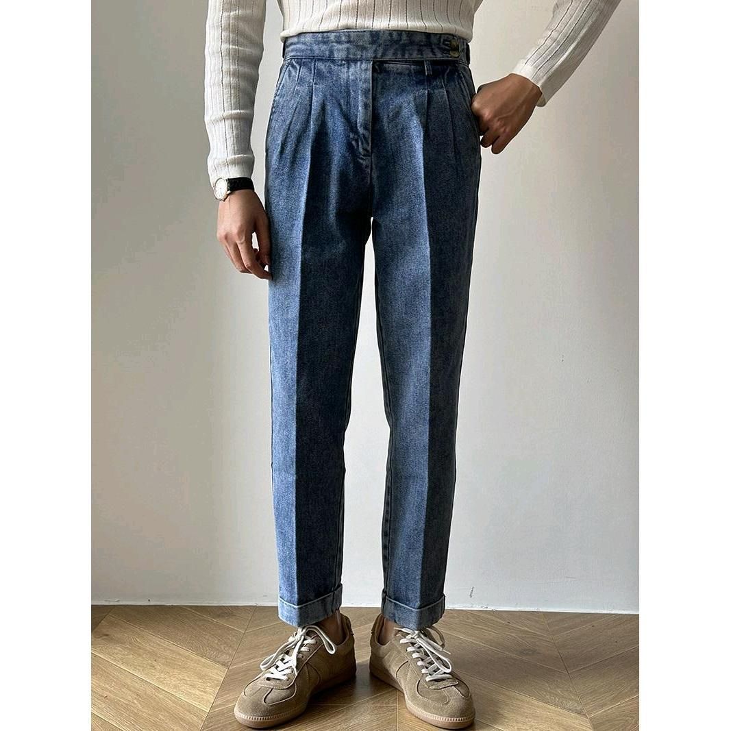Men's Business Naples Denim Gurga Drape Straight Hem Trousers Very Italian Style_mkmklike.com
