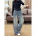 Rhinestone-Embellished High-Waisted Wide-Leg Jeans For Women – Vintage Blue, Flowy & Floor-Length Styling For Effortless Elegance_mkmklike.com