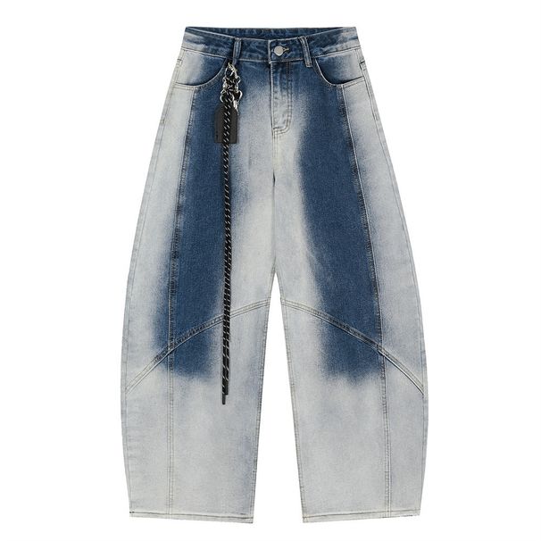 Gradient Color Washed Decorative Jeans Scimitar Pants Men's American Style Loose Lazy Relaxed Wide-Leg Trousers_mkmklike.com