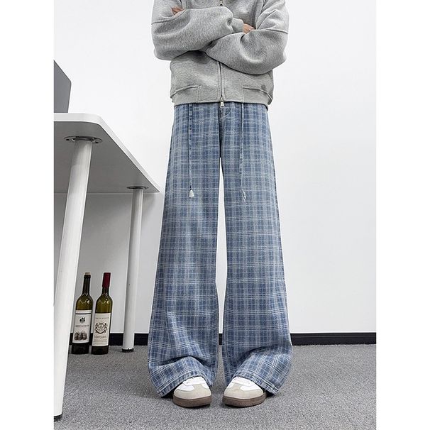 Men's Clothing Light Blue Plaid Straight Leg Jeans High Street Style Flared Trousers Men's Cleanfit Pants Vibe_mkmklike.com