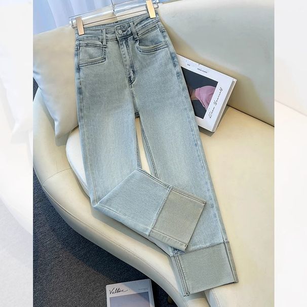 Women's Slim Fit Straight Leg Jeans Stretchy Cuffed Cropped Baguette Pants Spring Autumn Popular Style_mkmklike.com