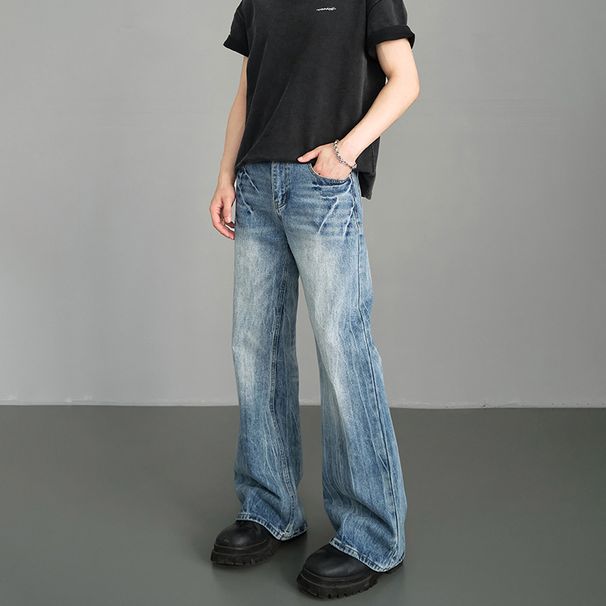 New High Street Men's Loose Straight Leg Jeans Lightning Ripple Washed Casual Pants Trendy Streetwear_mkmklike.com