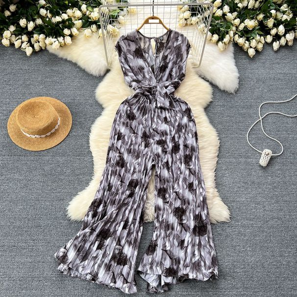 Women's Clothing Vacation ins outfit for women high-end sleeveless V-neck strap waist print loose wide-leg pleated jumpsuit_mkmklike.com