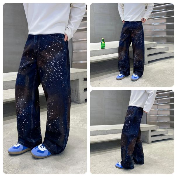 Men's Clothing High Street Unisex Wide Leg Loose Straight Rhinestone Graffiti Jeans Heavy Duty Firework Shiny Gray Streetwear Brand_mkmklike.com