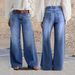 Women's Wide Leg Mid Rise Jeans Washed Stretch Denim No Belt_mkmklike.com