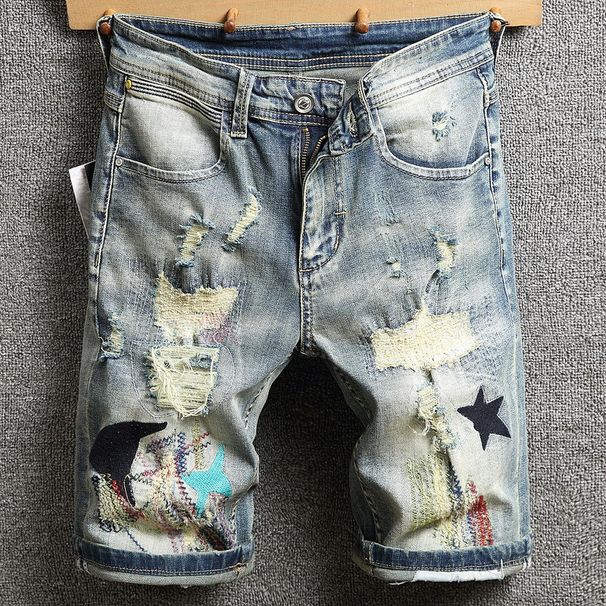 Men's Clothing Summer Thin Embroidered Retro Denim Shorts Men's Vintage Embroidered Denim Shorts – Summer Lightweight Retro With Unique Patch Design_mkmklike.com