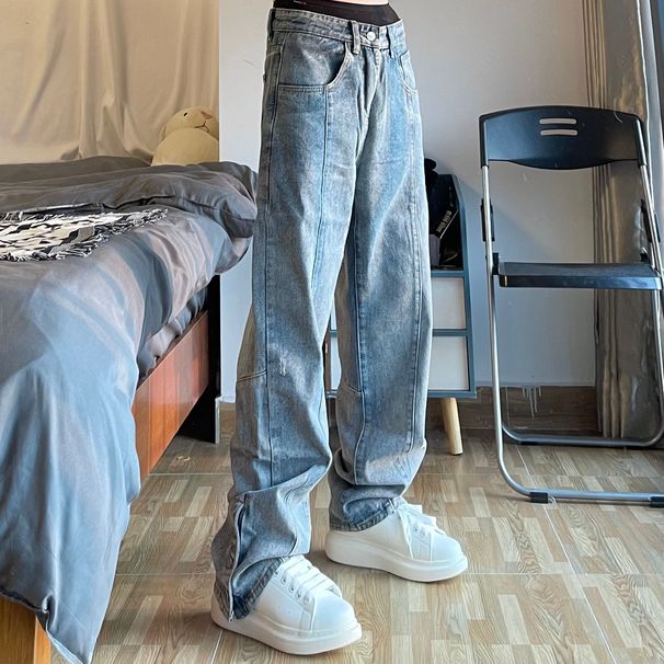 Men's Clothing High Street Fashion Brand Embroidered Buttoned Casual Trousers Men's Vibe Style Blue Loose Hip-hop Street Jeans Trend_mkmklike.com
