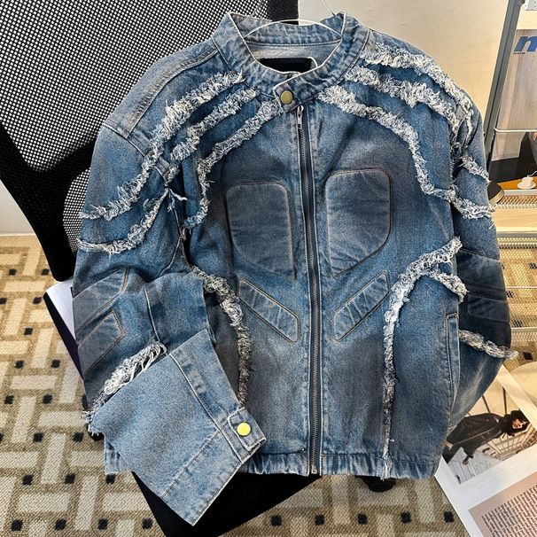 Retro American-Style Distressed Denim Jacket – Oversized Shoulder Pads, Raw Hem Fringe, Vintage Biker Look (M-3XL, Black & Blue)_mkmklike.com