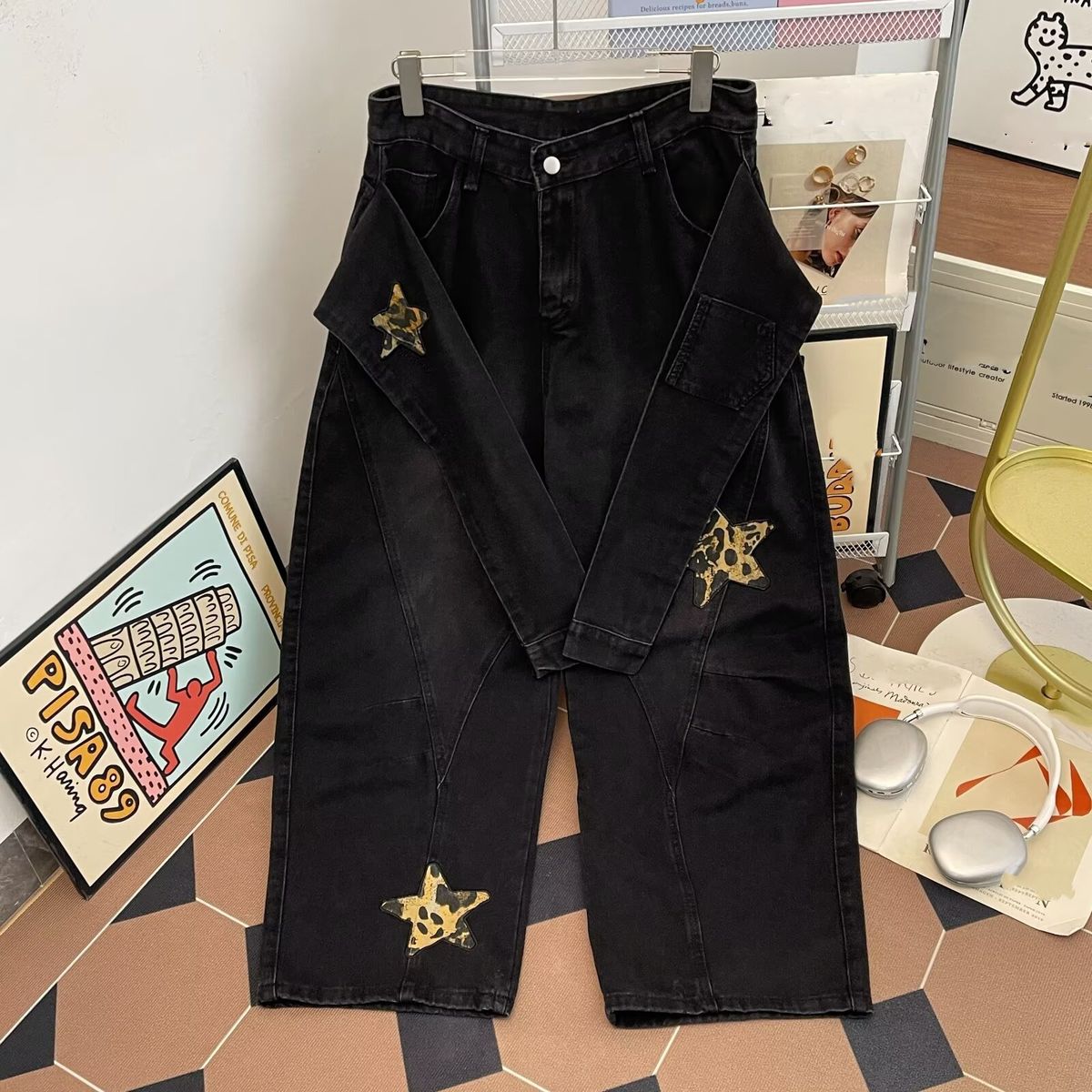 Men's Vintage Star Patchwork Flare Jeans – High-Waisted Wide-Leg Distressed Denim Pants, 70s Retro Streetwear_mkmklike.com