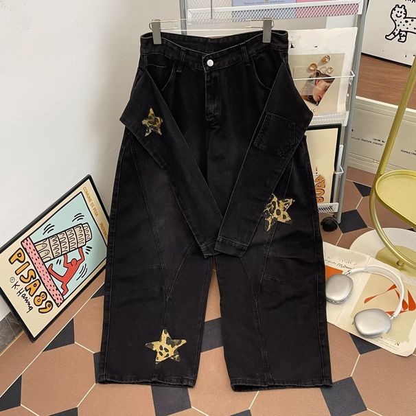 Men's Vintage Star Patchwork Flare Jeans – High-Waisted Wide-Leg Distressed Denim Pants, 70s Retro Streetwear_mkmklike.com